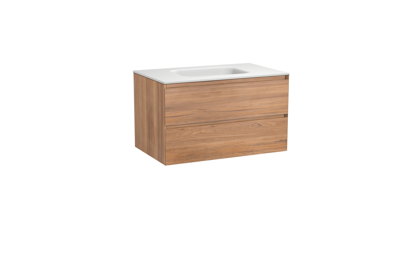 Balmani Mitra meuble salle de bains suspendu 90 x 55 cm teck avec Tablo Arcato plan simple en solid surface blanc mat