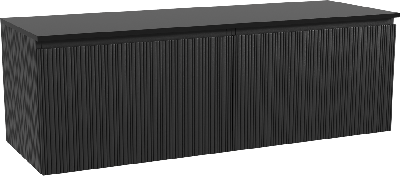 Storke Ribs hängendes Möbelstück Set: 150 x 52 cm, Schwarze Eiche, mit Panton Einzel- oder Doppel Waschtischplatte, Pulverbeschichtetes MDF, Schwarz matt, Vertikale asymmetrische gerade Rippe