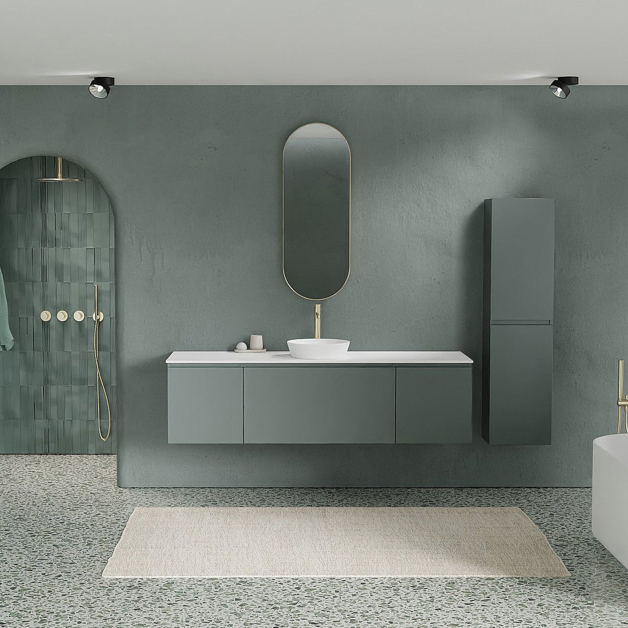 Balmani Sfera meuble salle de bains suspendu 180 x 55 cm forest avec Stretto tablette simple ou double en solid surface blanc mat