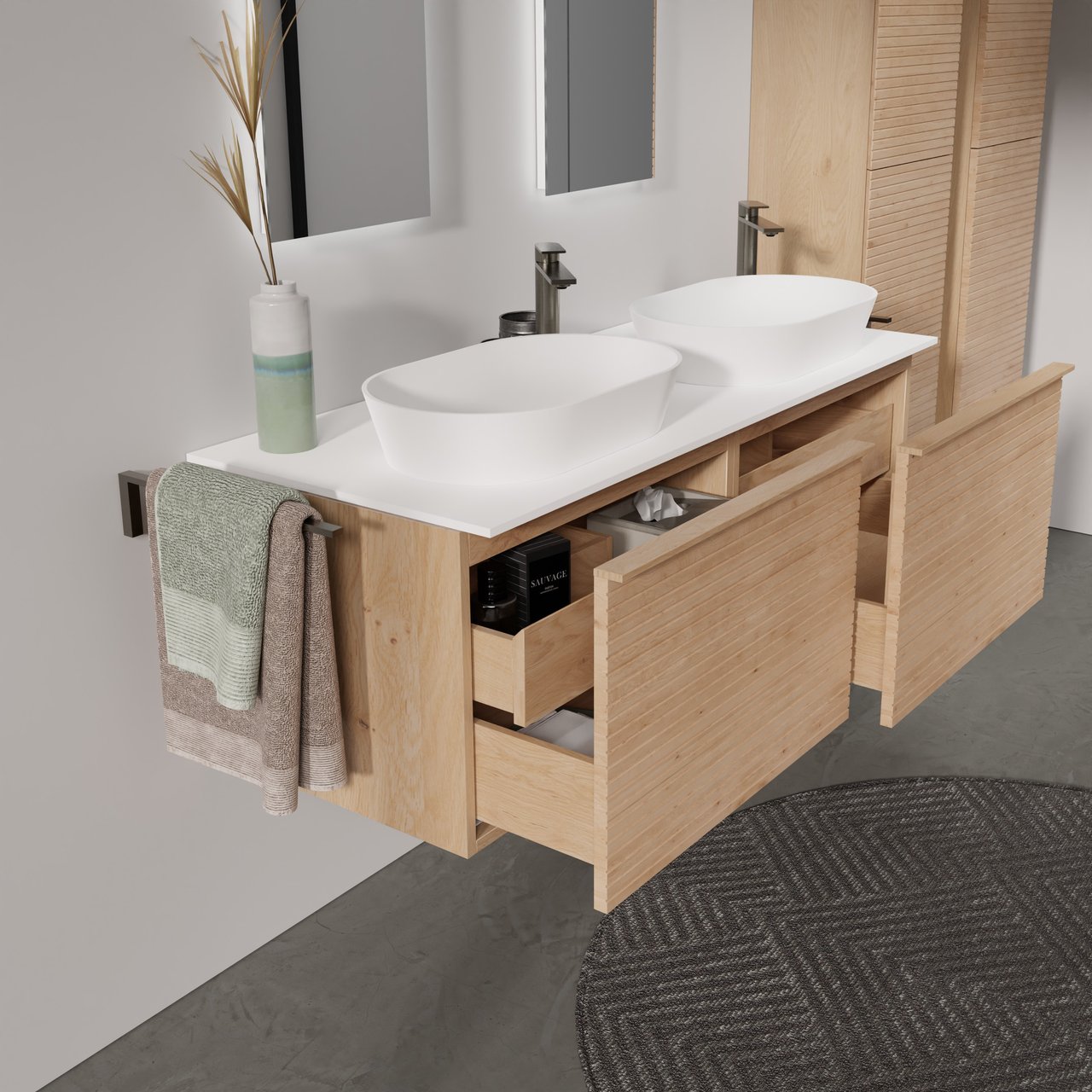 Balmani Forma zwevend badkamermeubel 135 x 55 cm natuur eik met Stretto enkel of dubbel tablet in solid surface mat wit, Horizontale symmetrische rechte ribbel