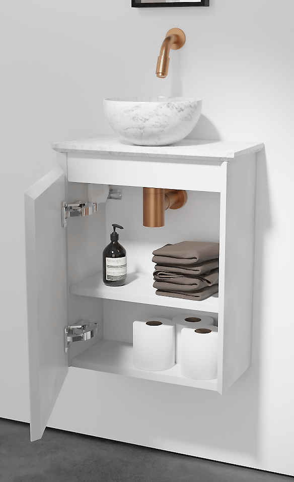 Balmani Mitra meuble wc suspendu 42 x 21 cm blanc mat avec Facetta tablette et Bari XS vaque à poser en marbre Carrara