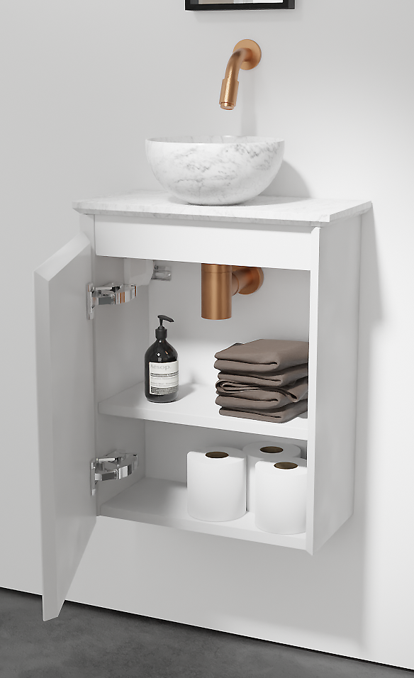 Balmani Mitra meuble wc suspendu 42 x 21 cm blanc mat avec Facetta tablette et Bari XS vaque à poser en marbre Carrara