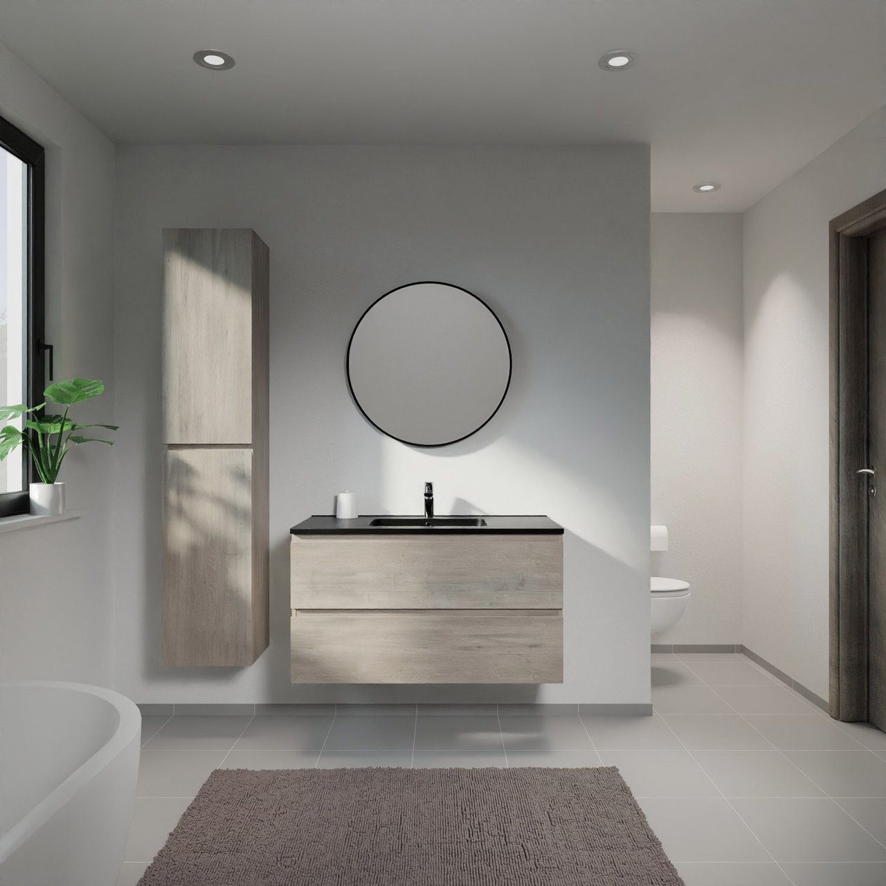 Linie Lado zwevend badkamermeubel 100 x 46 cm grijze eik met Vano enkele wastafel in composietmarmer mat zwart