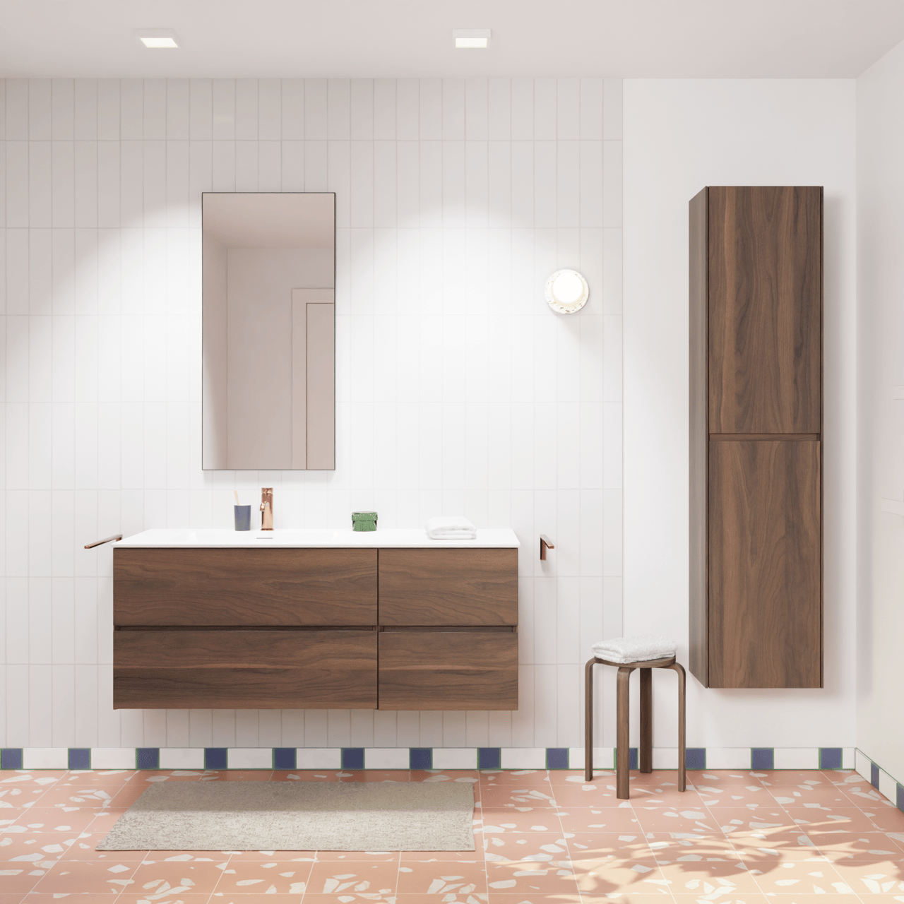 Storke Edge hängendes Möbelstück Set: 130 x 52 cm, Nussbaum, mit Mata Waschtisch links, Solid Surface Weiß matt