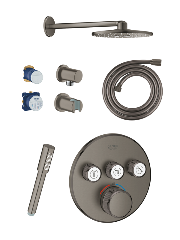 Grohe Grohtherm SmartControl thermostatische inbouw regendoucheset met ronde regendouchekop met waterval 31 cm Brushed Hard Graphite