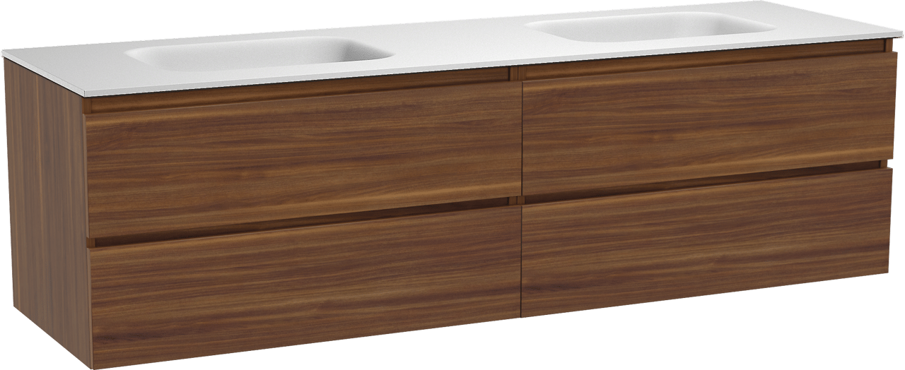 Balmani Lucida hängendes Möbelstück Set: 180 x 55 cm, Amerikanischer Nussbaum, mit Tablo Arcato Doppelwaschtisch, Solid Surface Weiß matt