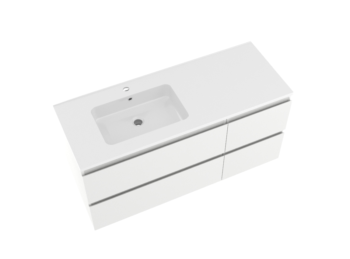 Linie Lado zwevend badkamermeubel 120 x 46 cm glanzend wit met Vano asymmetrisch linkse wastafel in composietmarmer glanzend wit
