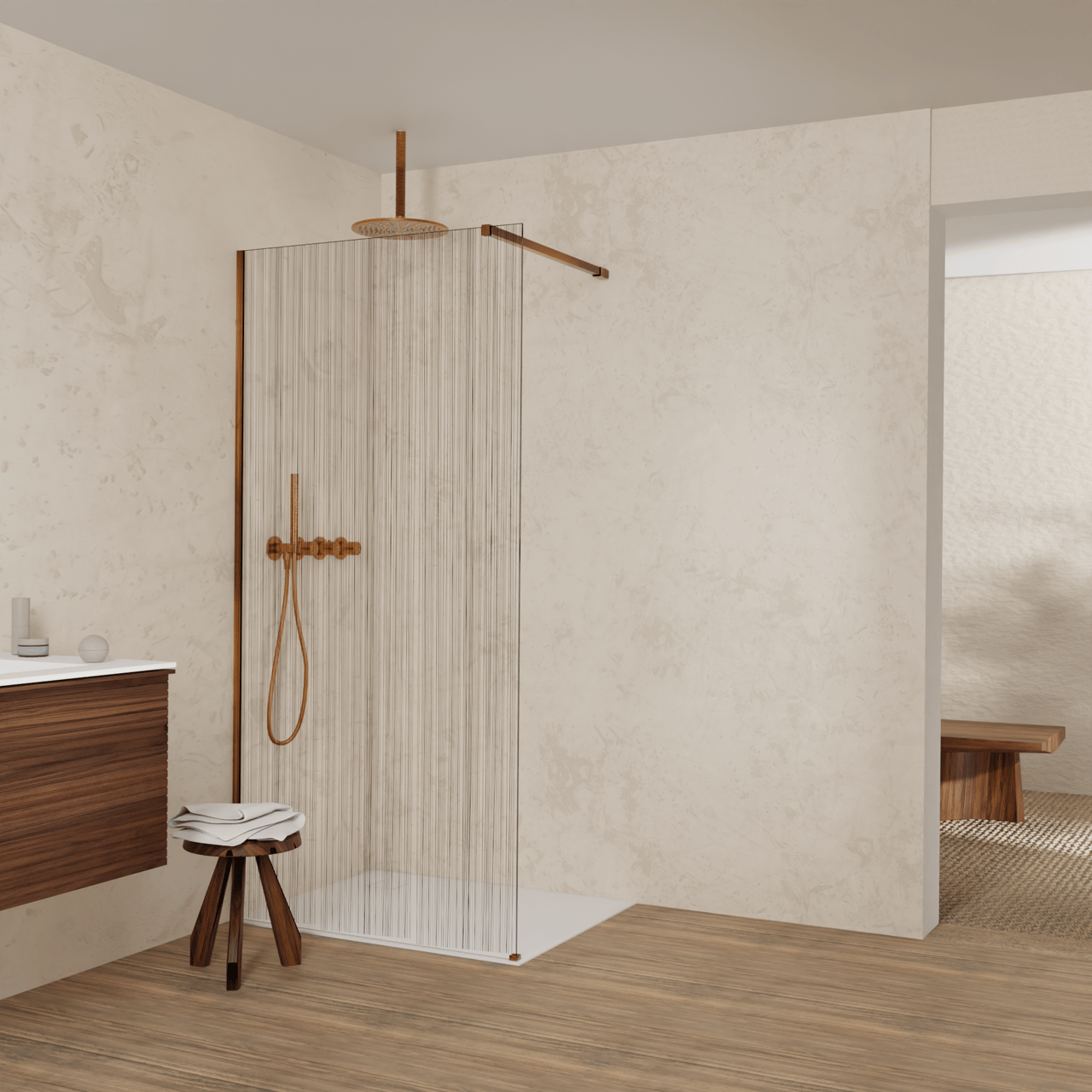 Balmani Modular inloopdouche: 100 x 200 cm, Mikado met coating, Brushed Rosegold profielen