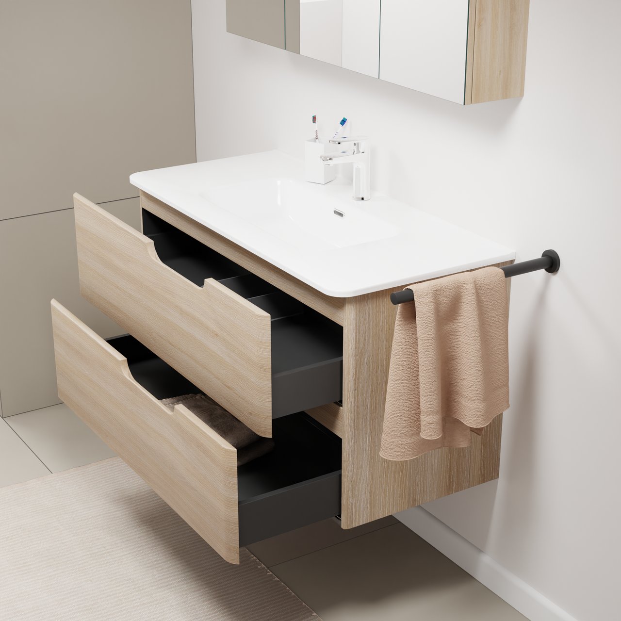 Linie Curvo hängendes Möbelstück Set: 100 x 46 cm, Eiche Hell, mit Baro Curvo Einzelwaschtisch Keramik Weiβ glänzend