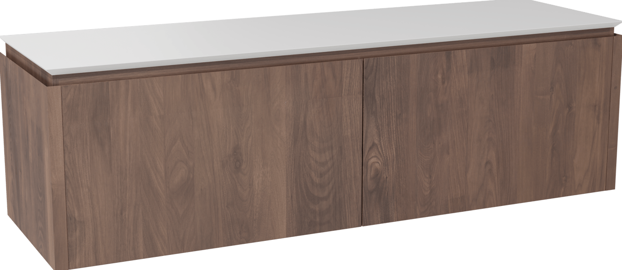 Balmani Eclips zwevend badkamermeubel 180 x 55 cm Amerikaanse notelaar met Eclips enkel of dubbel tablet in Solid Surface mat wit
