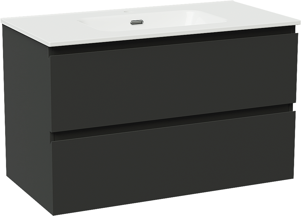 Linie Lado hängendes Möbelstück Set: 90 x 46 cm, Schwarz matt, mit Baro Einzelwaschtisch, Porzellan Weiß glänzend