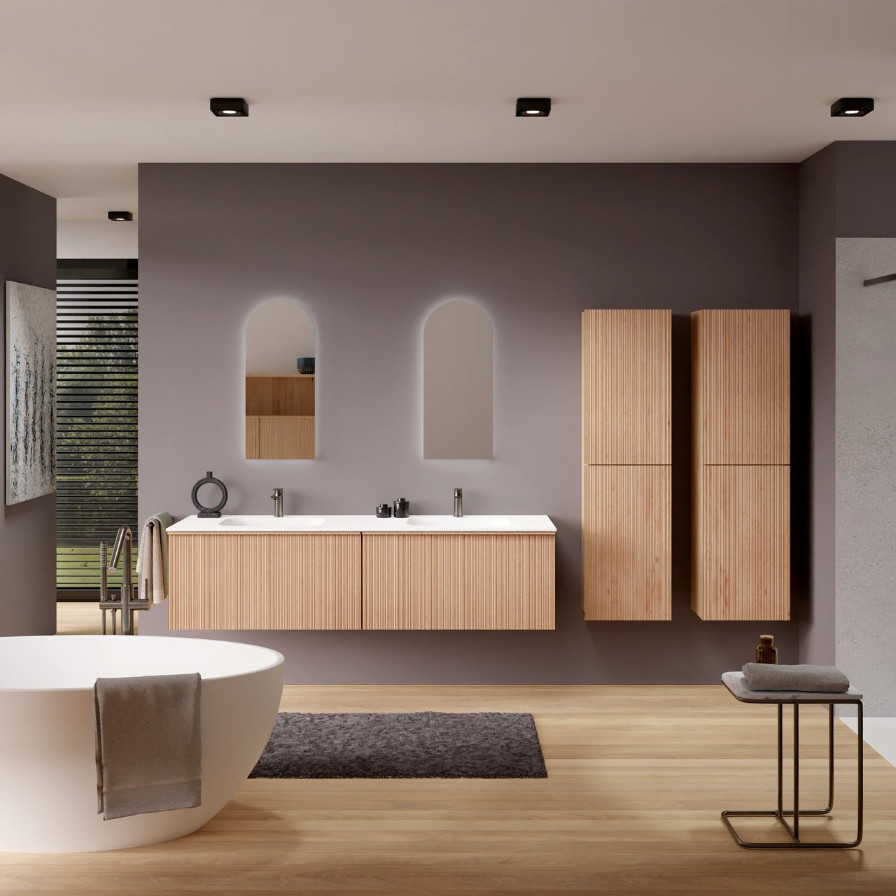 Balmani Forma meuble salle de bains suspendu 180 x 55 cm chêne naturel avec Tablo Arcato double vasque en solid surface blanc mat, Nervure circulaire asymétrique verticale