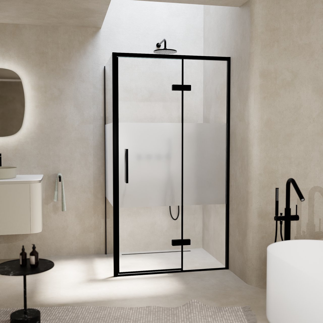 Balmani Senses Design douchecabine met rechtse draaideur en vaste zijwand, 100 x 100 cm, Helder glas met matte strook, Zwarte profielen