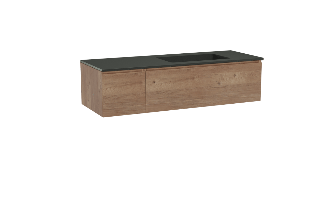 Storke Edge zwevend badmeubel 140 x 52 cm ruw eiken met Scuro asymmetrisch rechtse wastafel in kwarts mat zwart