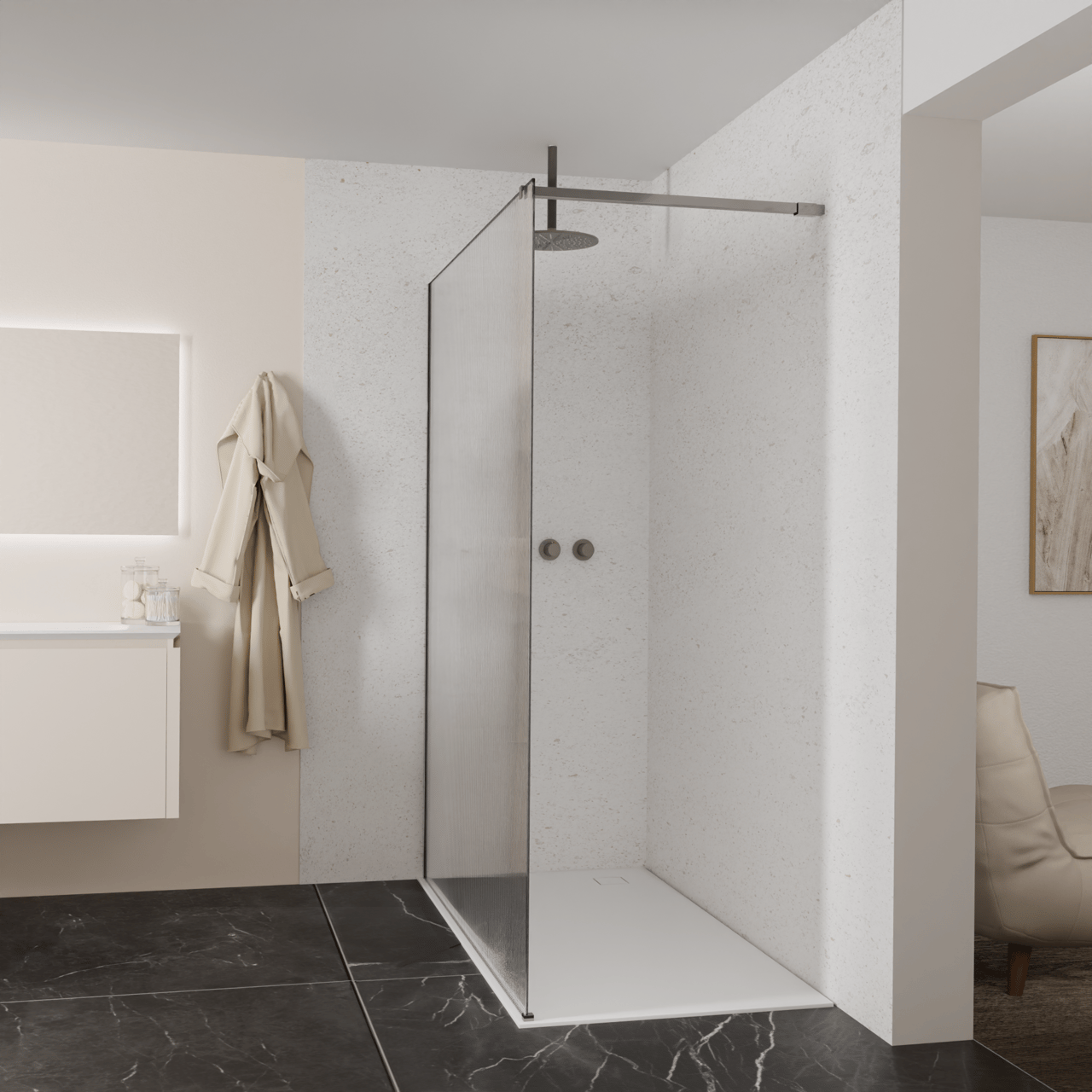 Balmani Modular inloopdouche: 160 x 200 cm, Ribs met coating, Brushed GunMetal profielen