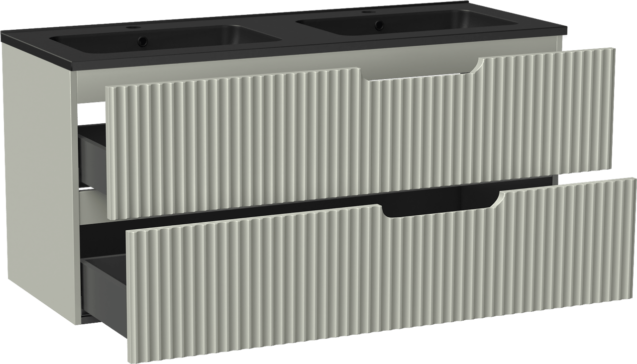 Linie Ribbo zwevend badmeubel 120 x 46 cm greige met Vano dubbele wastafel in composietmarmer mat zwart, Verticale symmetrische ronde ribbel