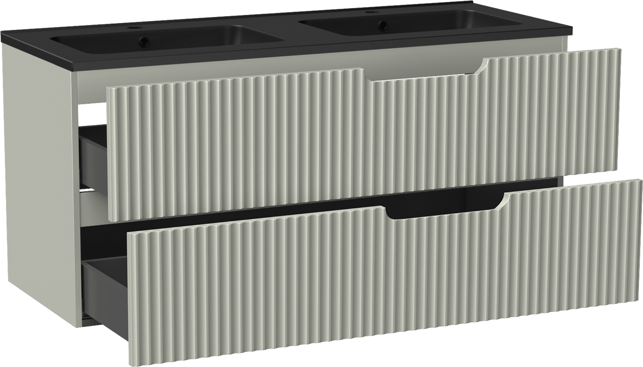 Linie Ribbo meuble salle de bains suspendu 120 x 46 cm greige avec Vano double vasque en marbre composite noir mat, Nervure circulaire symétrique verticale