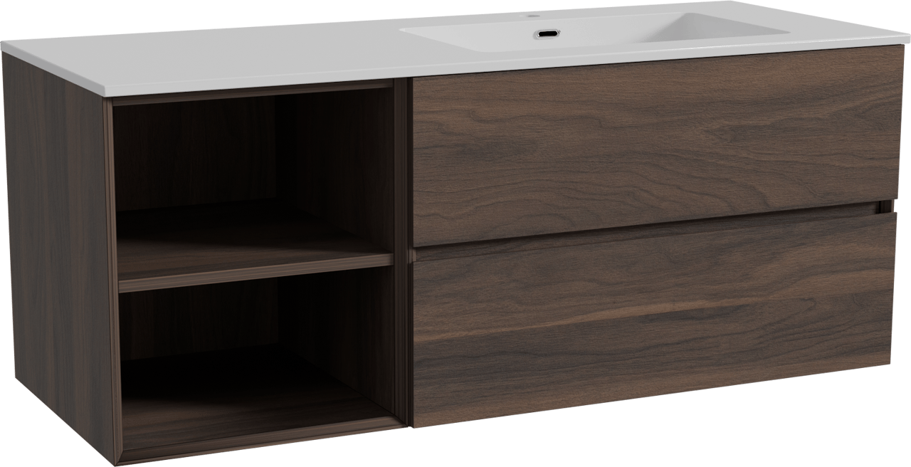 Storke Edge zwevend badkamermeubel 130 x 52 cm notelaar met Diva asymmetrisch rechtse wastafel in composietmarmer glanzend wit