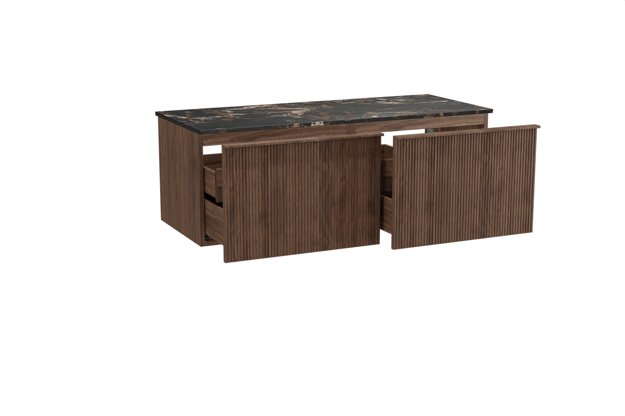 Balmani Forma meuble salle de bains suspendu 135 x 55 cm noyer américain avec Stretto tablette simple ou double en marbre portoro gold, Nervure droite symétrique verticale