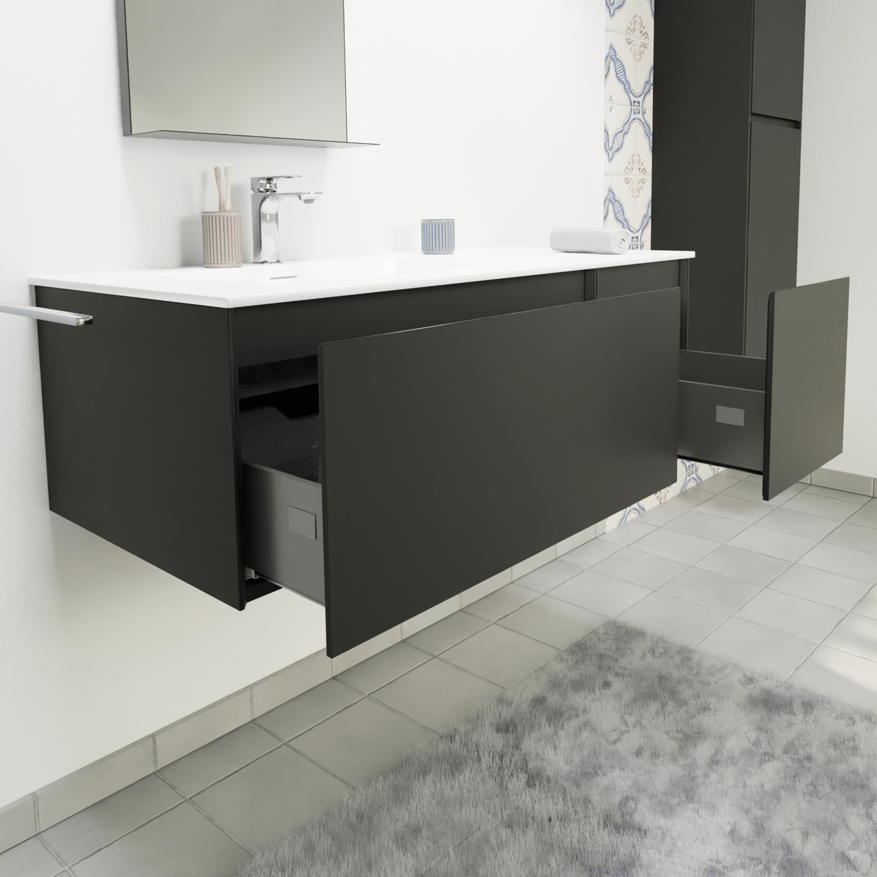 Storke Edge hängendes Möbelstück Set: 110 x 52 cm, Schwarz matt, mit Mata Waschtisch links, Solid Surface Weiß matt