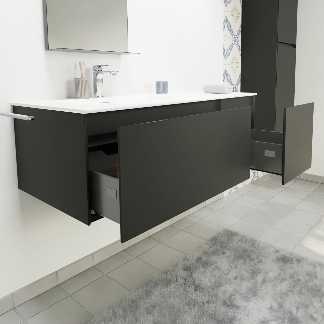 Storke Edge zwevend badmeubel 110 x 52 cm mat zwart met Mata asymmetrisch linkse wastafel in solid surface mat wit