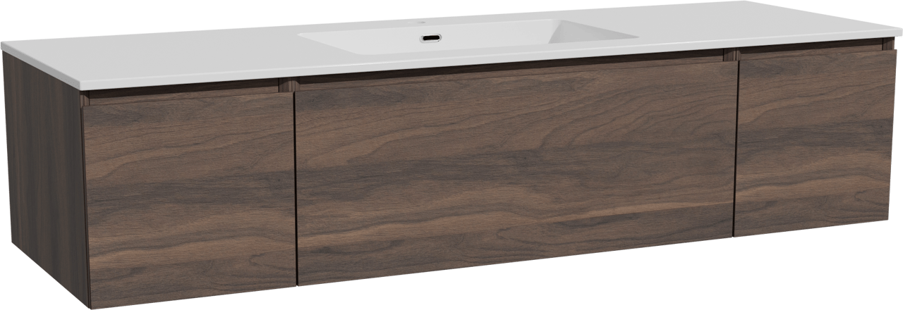 Storke Edge zwevend badmeubel 155 x 52 cm notenhout met Diva enkele wastafel in composietmarmer hoogglans wit