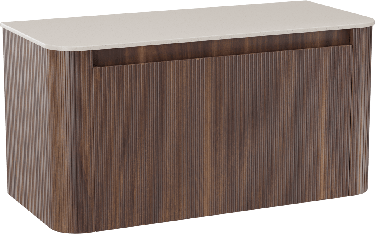 Storke Soft zwevend badkamermeubel 100 x 46 cm notelaar met Tavola Soft enkele tablet in solid surface beige granita, Verticale symmetrische rechte ribbel