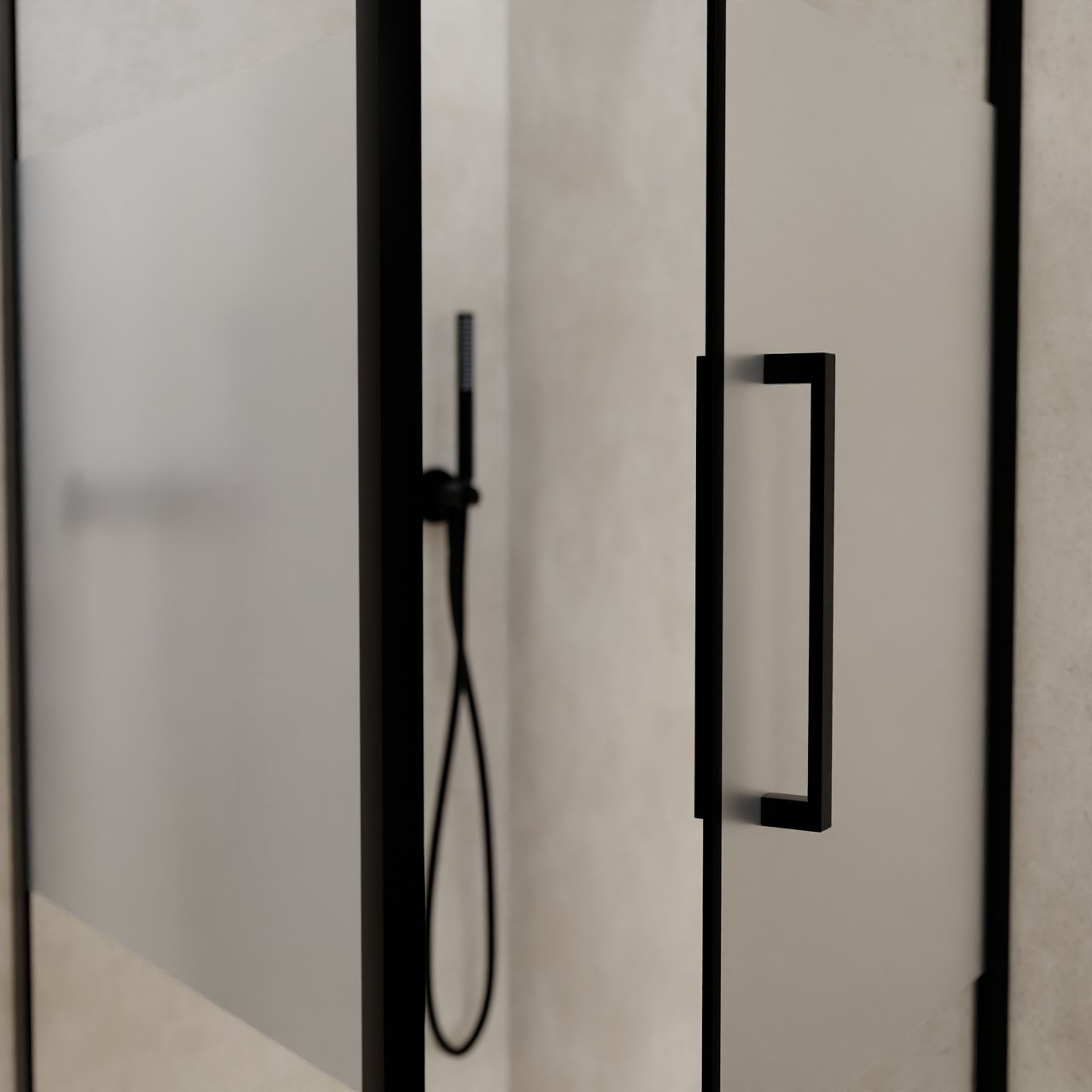 Balmani Senses Design Eckdusche: Drehtür (Rechts) mit fixierte Seitenwand, 90 x 90 cm, Klarglas mit mattiertem Streifen, Profil Schwarz, inklusive Coating