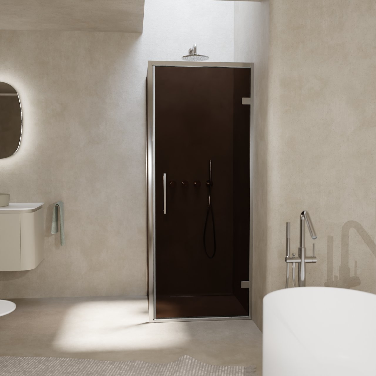 Balmani Senses Design douchecabine met rechtse draaideur en vaste zijwand, 90 x 90 cm, Brons, Chroom profielen