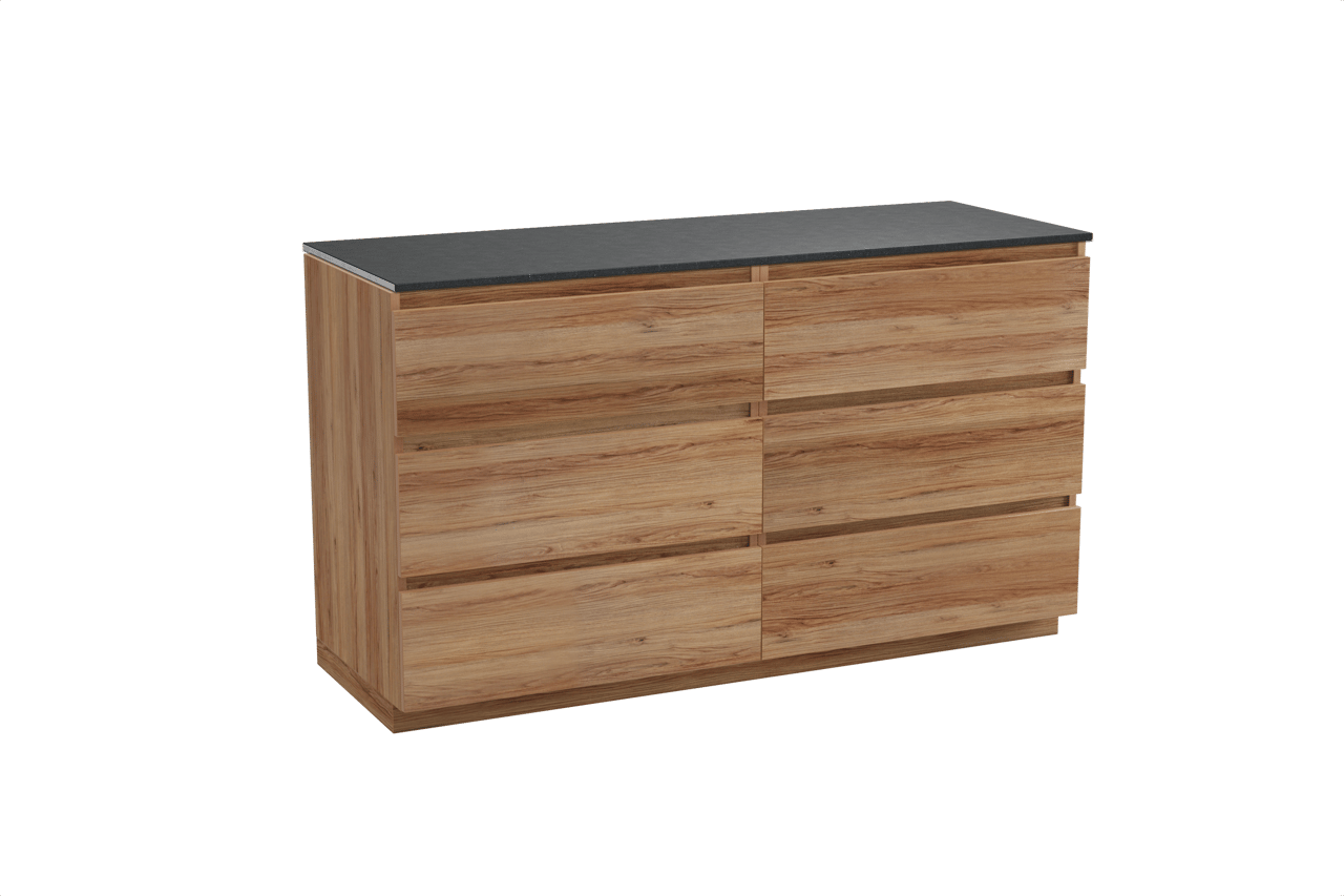 Balmani Lucida freistehendes Möbelstück Set: 150 x 55 cm, Teak, mit Stretto Einzel- oder Doppel Waschtischplatte, Schwarzes Granit