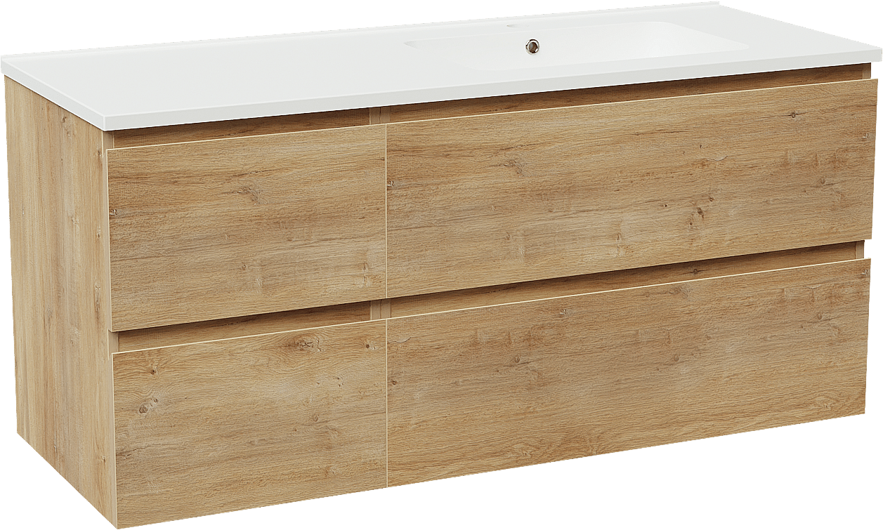 Linie Lado zwevend badkamermeubel 120 x 46 cm natuur eik met Vano asymmetrisch rechtse wastafel in composietmarmer mat wit