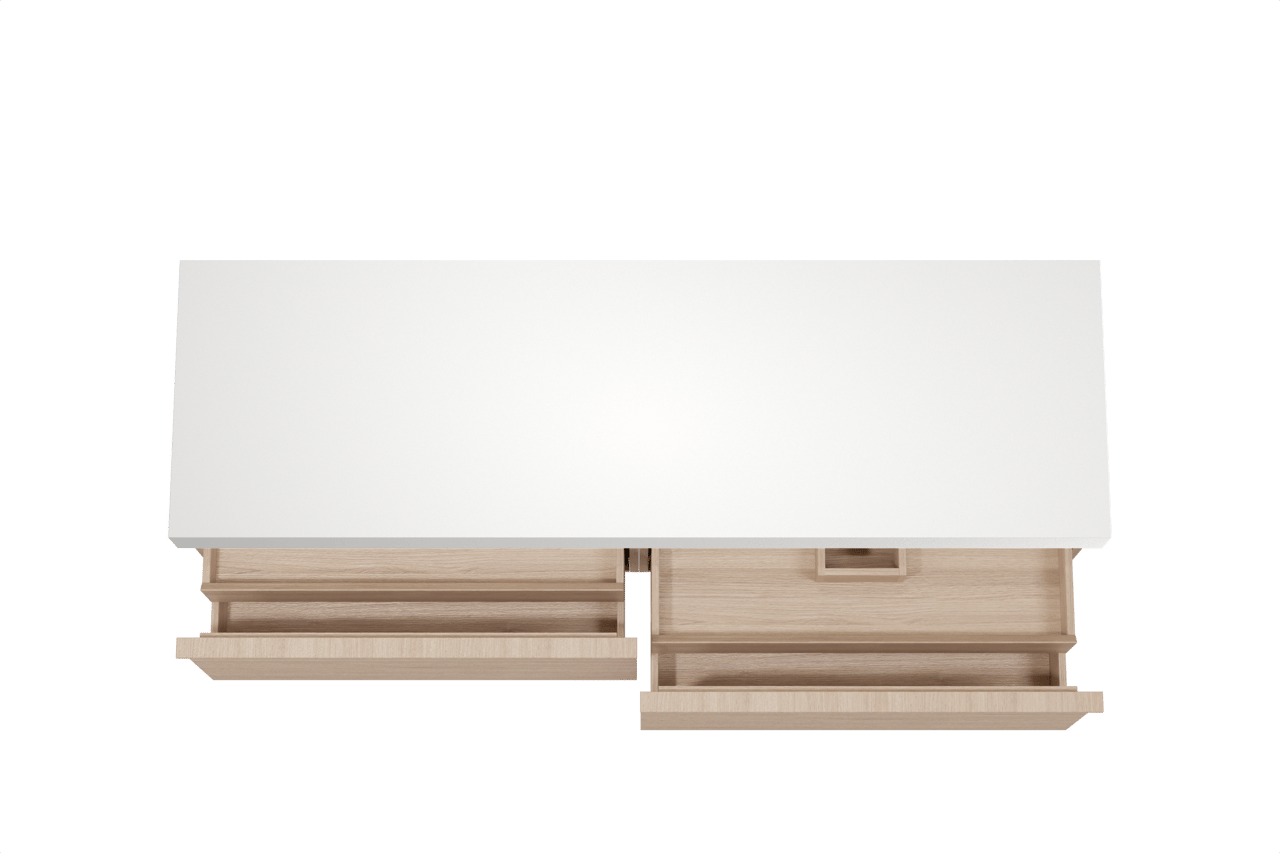 Balmani Forma hängendes Möbelstück Set: 180 x 55 cm, Naturbelassene Eiche, mit Dominus Einzel- oder Doppel Waschtischplatte, Solid Surface, Weiß matt, Horizontale symmetrische gerade Rippe