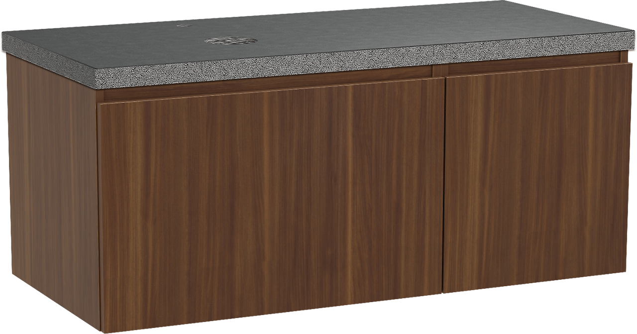 Balmani Sfera hängendes Möbelstück Set: 120 x 55 cm, Amerikanischer Nussbaum, mit Rock Waschtisch links, Schwarzes Granit