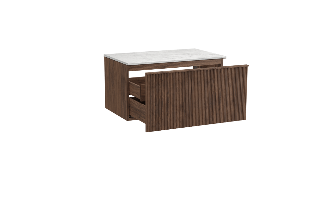 Balmani Forma zwevend badkamermeubel 90 x 55 cm amerikaanse notelaar met Stretto enkel tablet in marmer carrara, Verticale symmetrische rechte ribbel