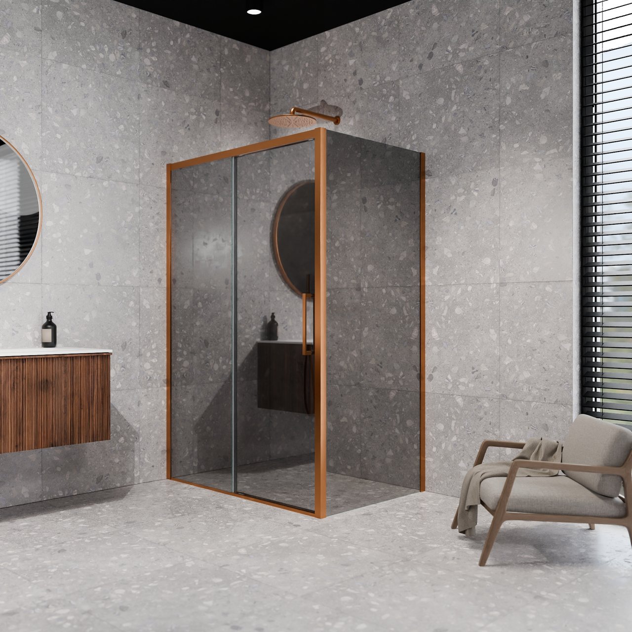 Balmani Senses Design douche en coin avec porte coulissante à gauche et paroi latérale fixe, 120 x 100 cm, Miroir Reflex, Profil Brushed Rosegold