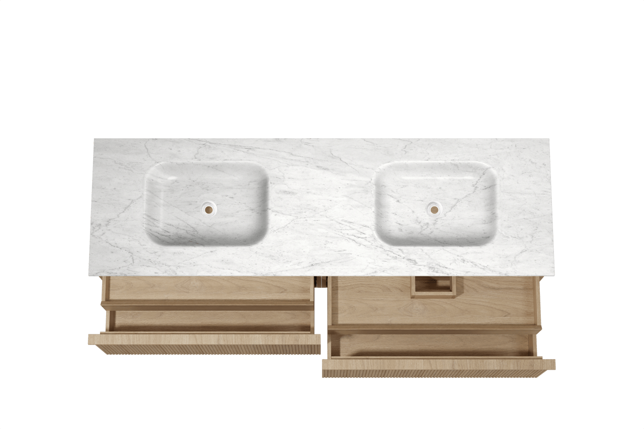 Balmani Forma zwevend badkamermeubel 180 x 55 cm natuur eik met Tablo Arcato dubbele wastafel in marmer carrara, Verticale symmetrische rechte ribbel