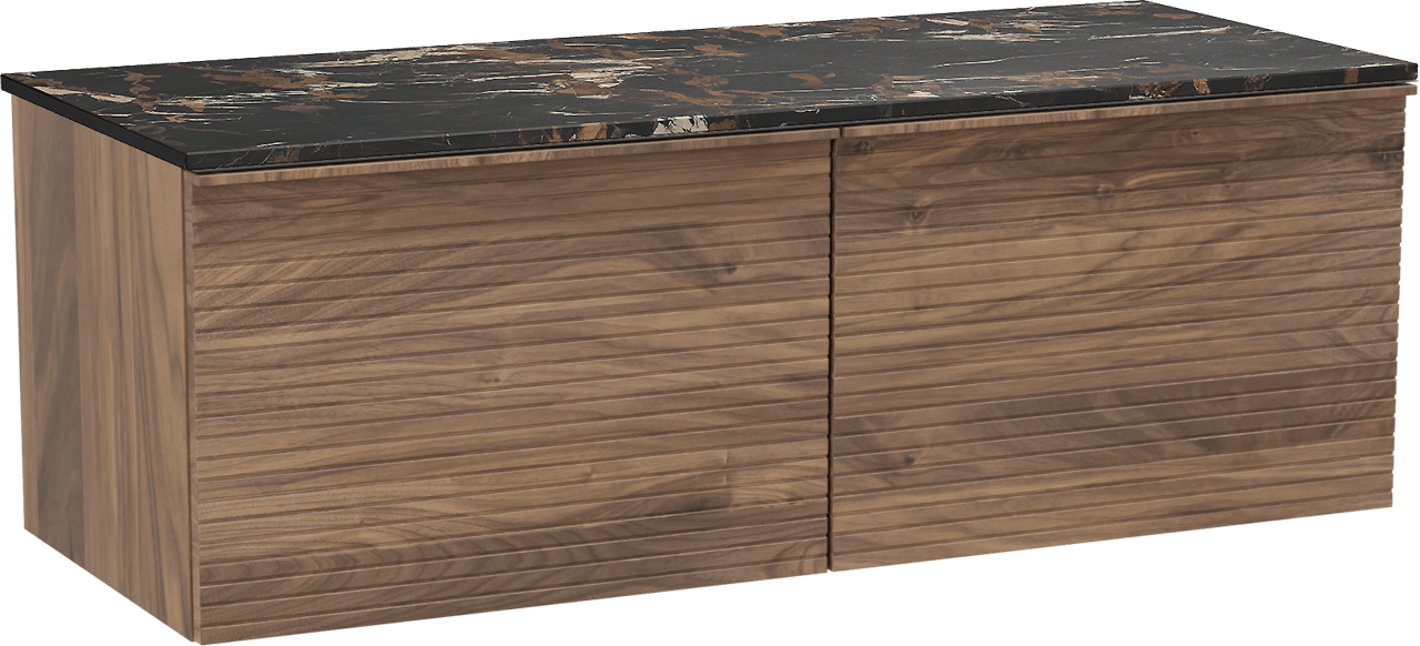 Balmani Forma hängendes Möbelstück Set: 135 x 55 cm, Amerikanischer Nussbaum, mit Stretto Einzel- oder Doppel Waschtischplatte, Marmor, Portoro Gold, Horizontale symmetrische gerade Rippe