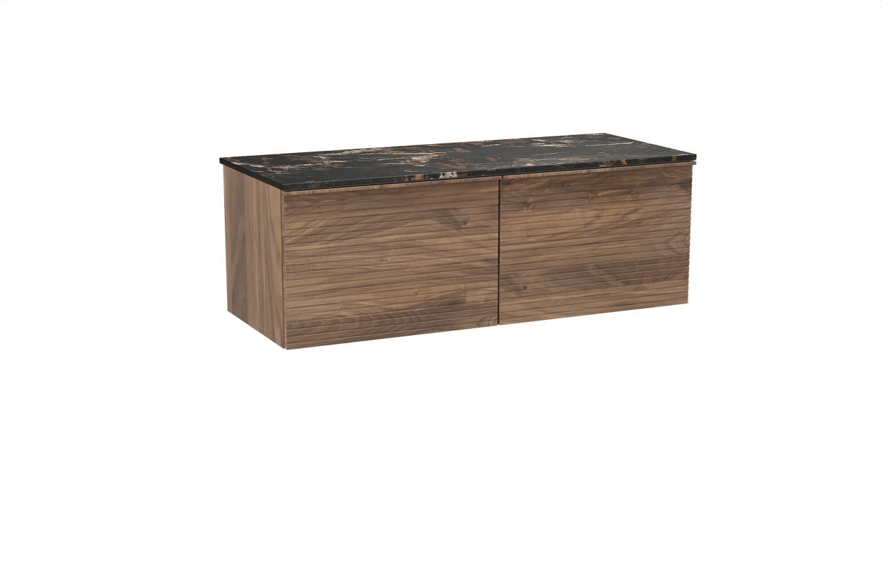 Balmani Forma meuble salle de bains suspendu 135 x 55 cm noyer américain avec Stretto tablette simple ou double en marbre portoro gold, Nervure droite symétrique horizontale