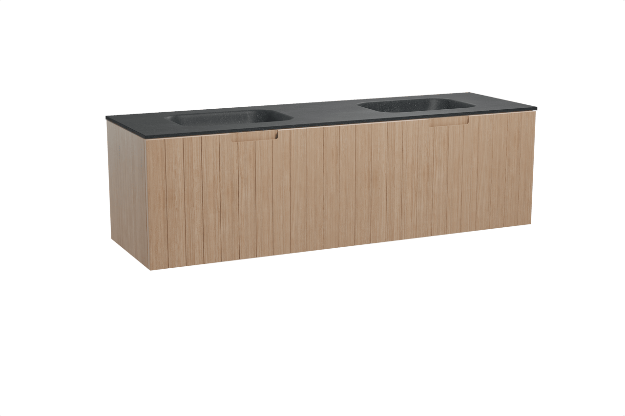 Balmani Adagio meuble salle de bains suspendu 180 x 55 cm chêne vieilli avec Tablo Arcato double vasque en granit noir