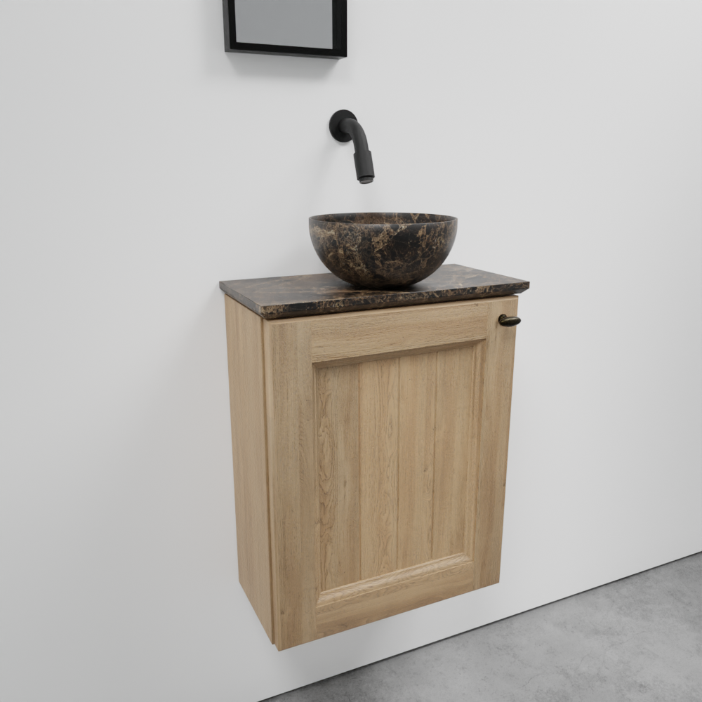 Balmani Lemon zwevend toiletmeubel 42 x 21 cm verweerde eik met Facetta tablet en Bari XS waskom in Dark Emperador marmer