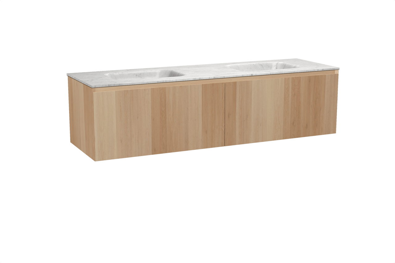 Balmani Idra hängendes Möbelstück Set: 180 x 55 cm, Naturbelassene Eiche, mit Tablo Arcato Doppelwaschtisch, Marmor Carrara