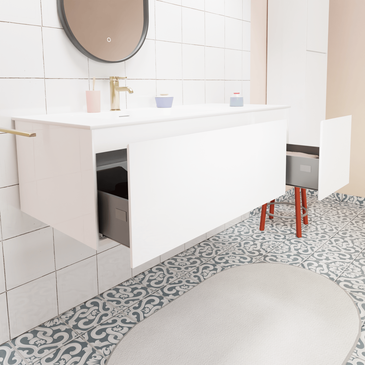 Storke Edge hängendes Möbelstück Set: 120 x 52 cm, Weiß glänzend, mit Mata Waschtisch links, Solid Surface Weiß matt