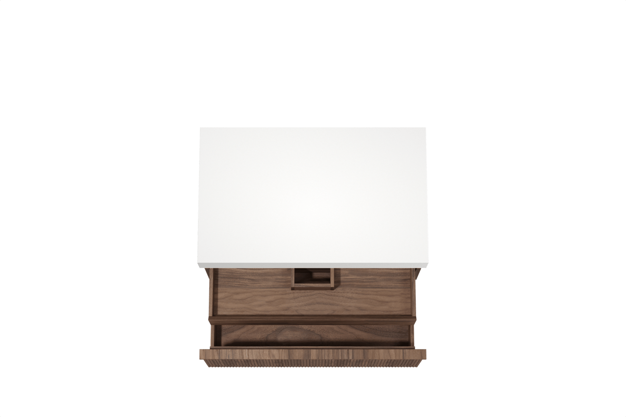 Balmani Forma hängendes Möbelstück Set: 90 x 55 cm, Amerikanischer Nussbaum, mit Dominus Einzel Waschtischplatte, Solid Surface, Weiß matt, Vertikale symmetrische gerade Rippe