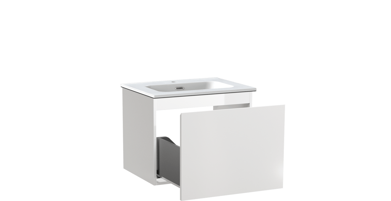Linie Lado hängendes Möbelstück Set: 60 x 46 cm, Weiß glänzend, mit Baro Einzelwaschtisch, Porzellan Weiß matt