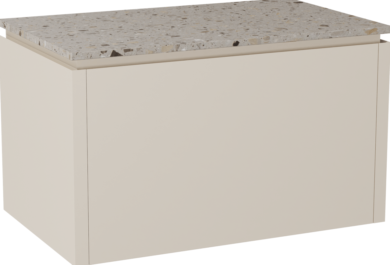 Balmani Eclips hängendes Möbelstück Set: 90 x 55 cm, Sandbeige, mit Stretto Einzel Waschtischplatte Greige Terrazzo