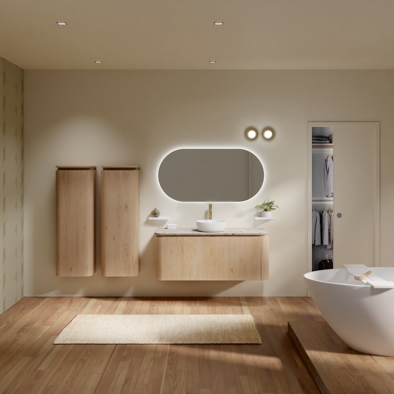 Balmani Moon zwevend badmeubel 130 x 55 cm naturel eiken met Moon enkel of dubbel wastafelblad in terrazzo greige terrazzo