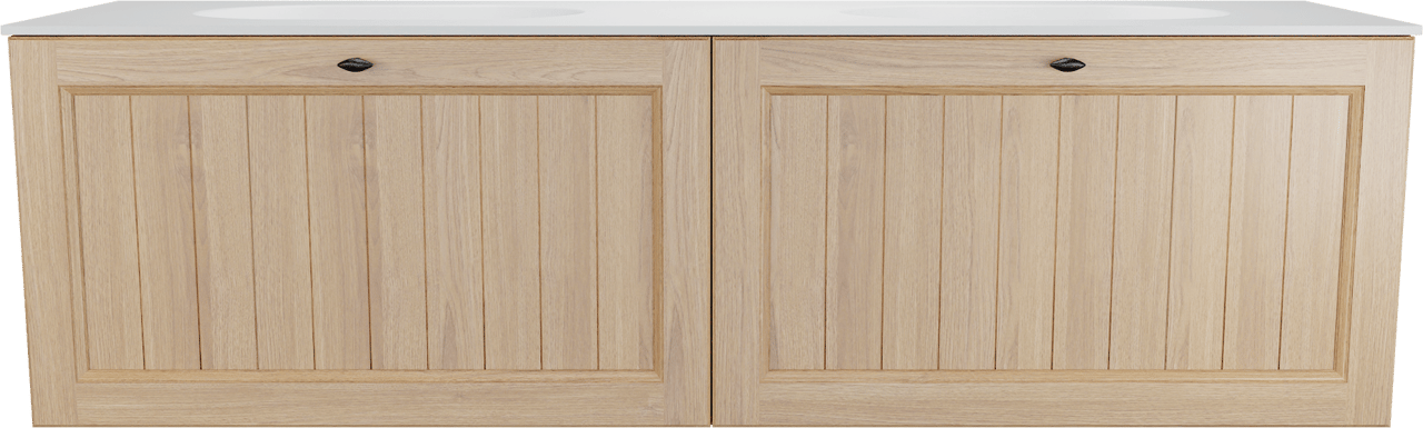 Balmani Lemon zwevend badkamermeubel 180 x 55 cm, fineer natuur eik met Tablo Oval dubbele wastafel in mat wit