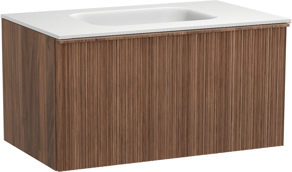 Balmani Forma zwevend badmeubel 90 x 55 cm amerikaans notenhout met Tablo Arcato enkele wastafel in solid surface mat wit, Verticale asymmetrische ronde ribbel