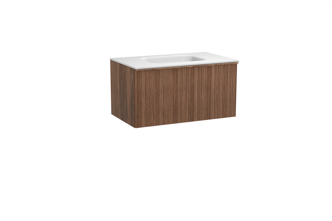 Balmani Forma hängendes Möbelstück Set: 90 x 55 cm, Amerikanischer Nussbaum, mit Tablo Arcato Einzelwaschtisch, Solid Surface, Weiß matt, Vertikale asymmetrische Runde Rippe