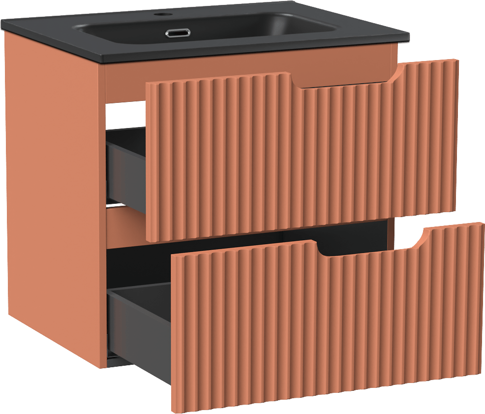 Linie Ribbo zwevend badmeubel 60 x 46 cm cotto met Baro enkele wastafel in porselein mat zwart, Verticale symmetrische ronde ribbel